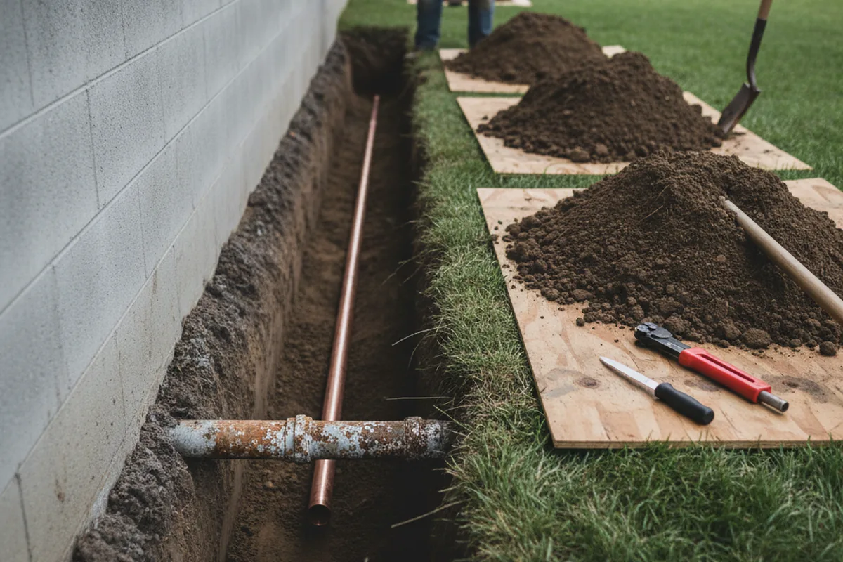 Excavated water line trench during Water Softener Installation in Ocean Isle Beach